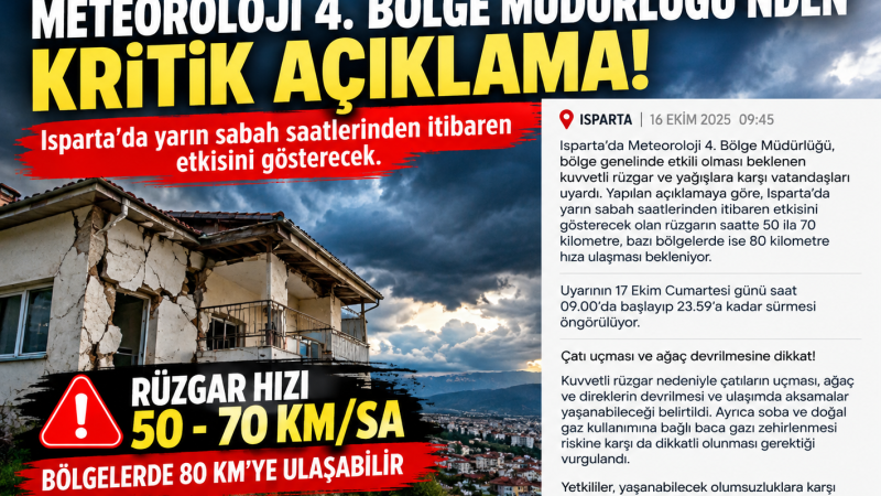 ISPARTA’DA FIRTINA ALARMI! RÜZGÂRIN HIZI 80 KİLOMETREYE ULAŞACAK
